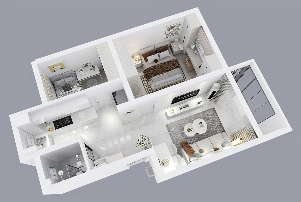 朱彦｜养回红村5号小区5-1-101-65㎡-现代简约风格｜3室1厅1卫｜老房装修｜定制家｜全包11万｜00_04鸟瞰图